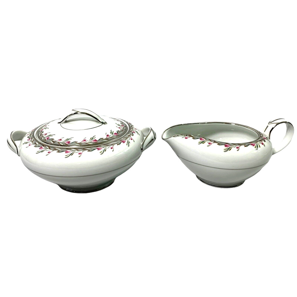 Vintage Noritake Petite 5507 Porcelain China Sugar Bowl &‎ Creamer Gray Pink